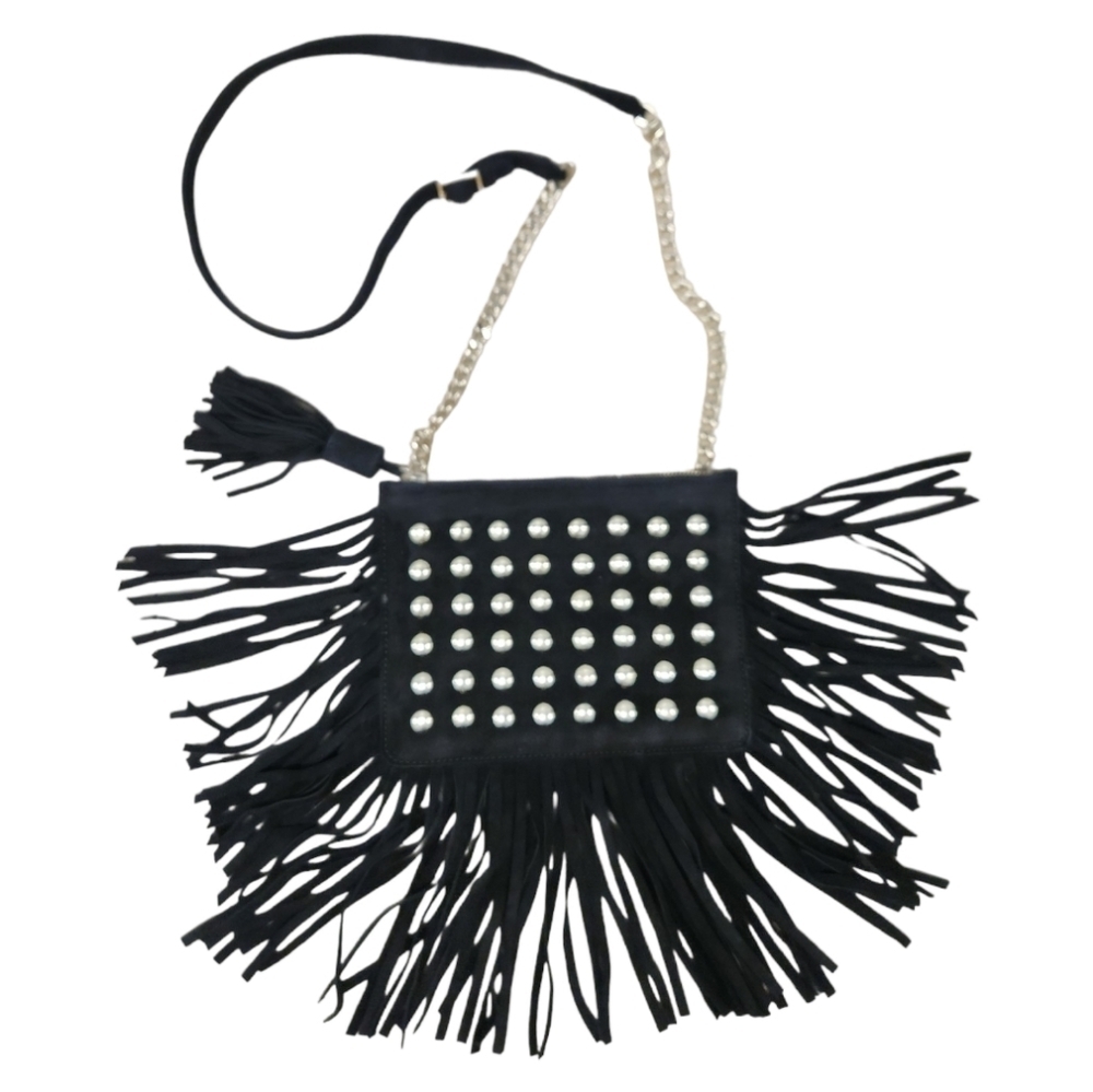 𝅺ALICE+OLIVIA Black Suede Fringe Studded Tassel‎ Crossbody Bag